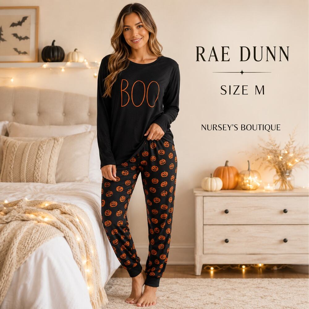 Rae Dunn BOO Halloween Pajama Set Women M Pumpkin Jogger Black Orange